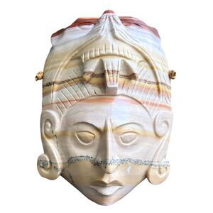 Hand Carved Cream Colored African Onyx Marble Style Wall Hanging Face Mask